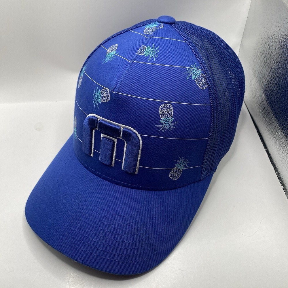 Travis Mathew Golf Hat Trucker Adjustable SnapBack Blue Pineapple Mesh Cleaned‎